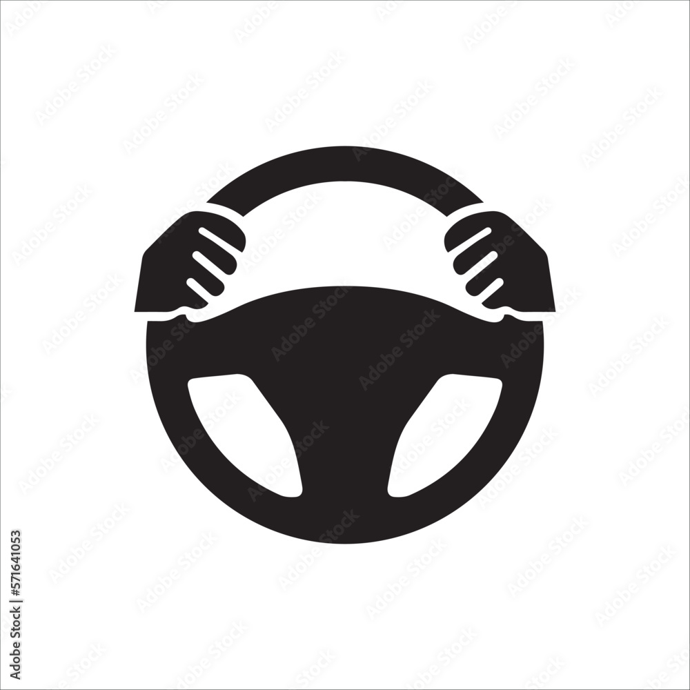 Steering wheel icon. Hands on steering wheel. Driver. Driving car. Test drive. Vector icon isolated on white background. Steering wheel icon. Hands on steering wheel. Driver. Driving car. Test drive. Vector icon isolated on white background.