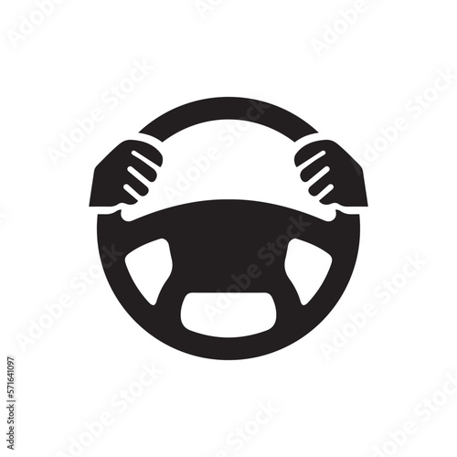 Steering wheel icon. Hands on steering wheel. Driver. Driving car. Test drive. Vector icon isolated on white background.