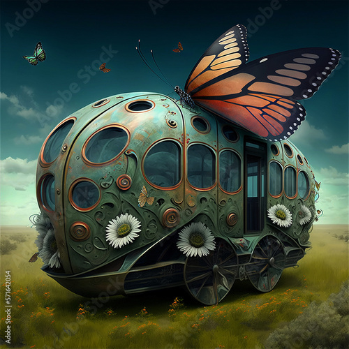 A mechanical butterfly, an illustration of a surreal butterfly with a mechanical structure in the shape of a locomotive. Generative AI