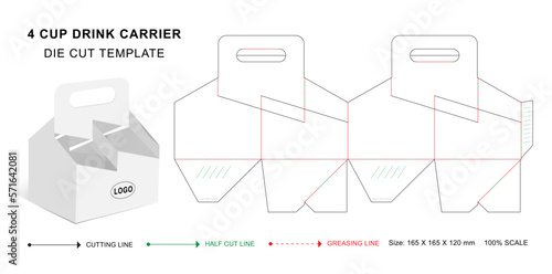 Four cups carrier box die cut template with 3D blank vector mockup for beverage packaging	