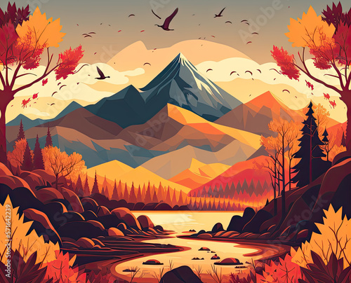 creative illustration of an autumn landscape with big mountains in the background. Generative AI