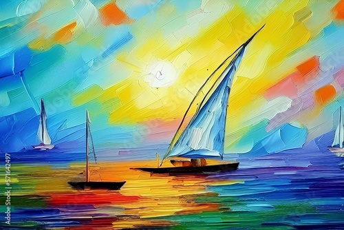 Colorful oil painting on canvas texture. Impressionism image of seascape paintings with sunlight background. Modern art oil paintings with boat, sailing on the sea.
- generative ai