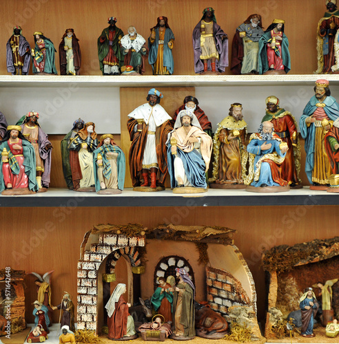 Small clay figures hand-colored for the Bethlehem of Nativity is traditionally done in Spanish homes. Christmas market