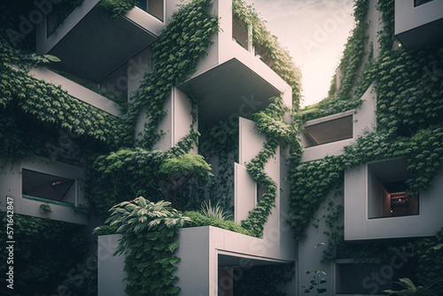 Generative eco friendly building with vertical garden in modern city.