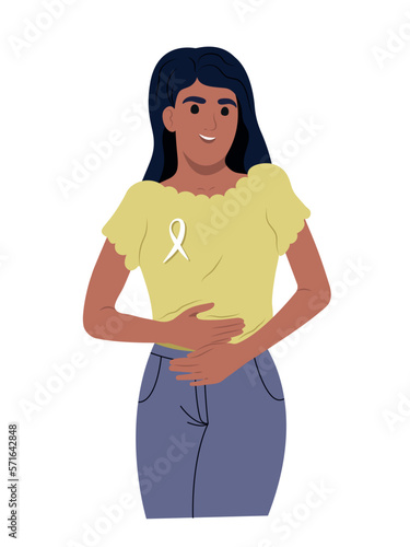 A young smiling girl is holding her stomach with her hands. Endometriosis Awareness Ribbon. An African American woman and a symbol of womens health. World endometriosis awareness day.