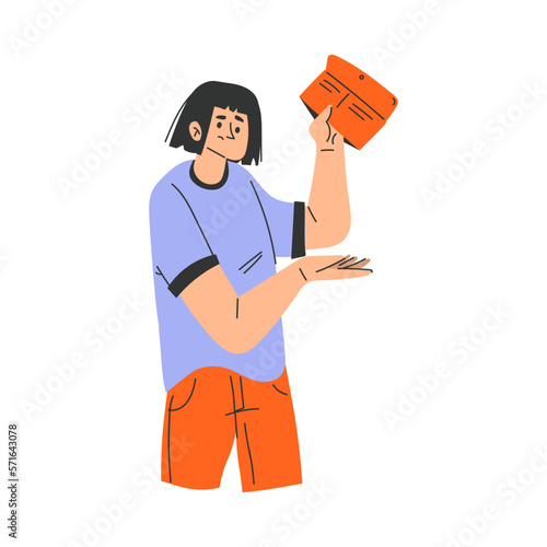 Poor Woman Character with Empty Wallet Having No Money Vector Illustration