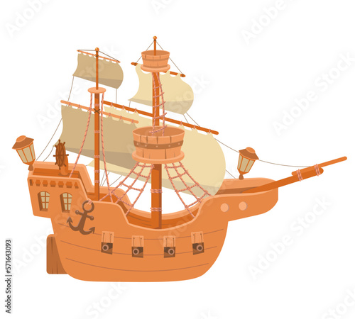 Wooden old ship with masts, sails and cannons. Isolated icon on white background. Vector illustration for card design, posters, postcards, backgrounds.