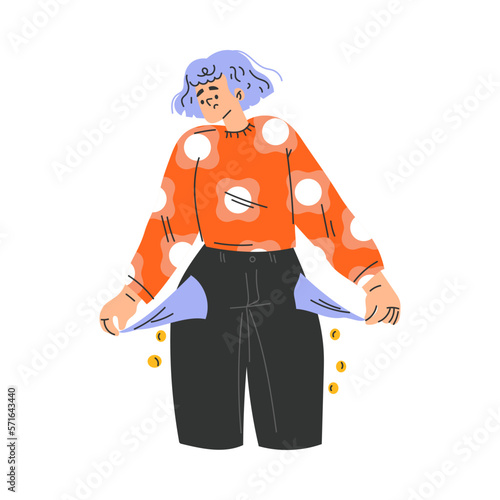 Poor Woman Character with Empty Pockets Standing Having No Money Vector Illustration