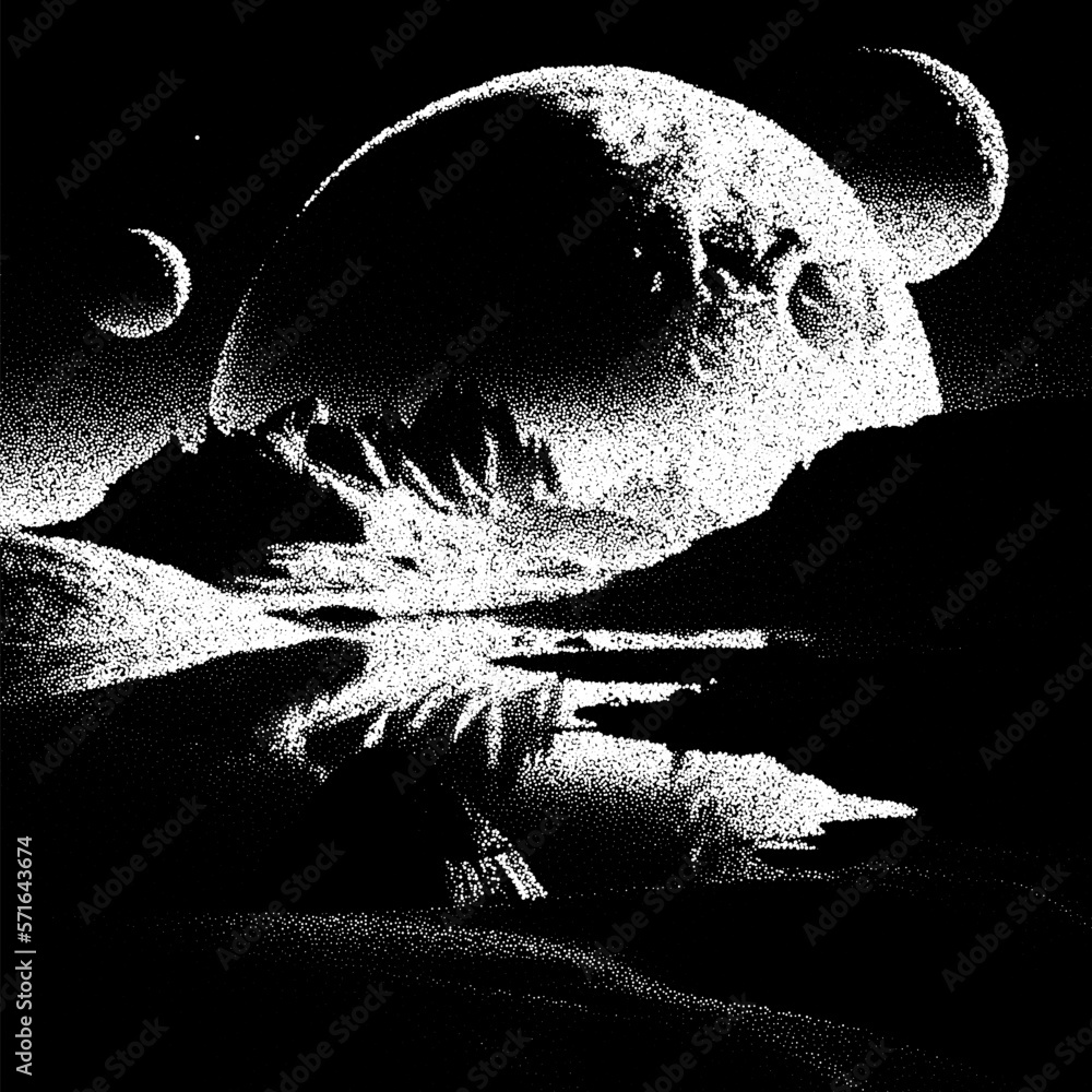 Alien Planet Landscape In Retro Dotwork Style Planets And Satellites