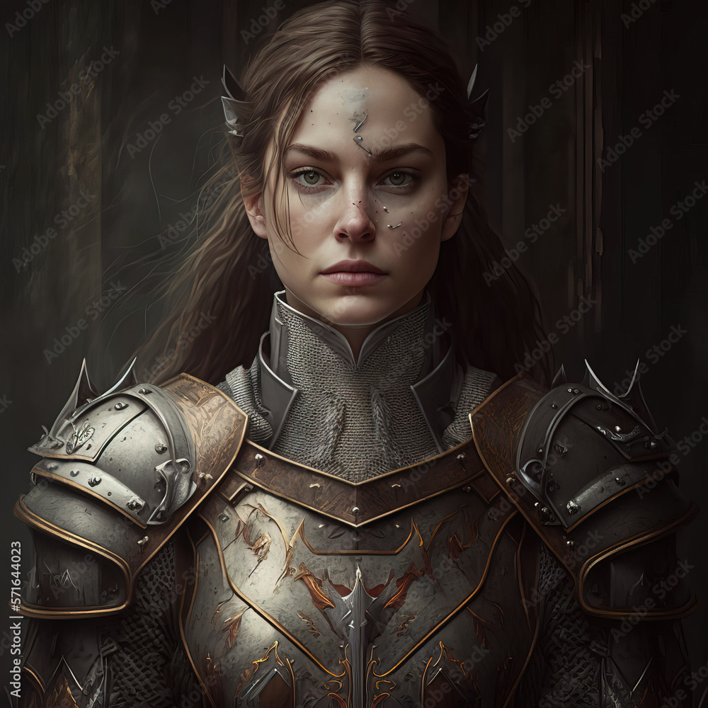 Realistic portrait of a young female character in armor, set against an