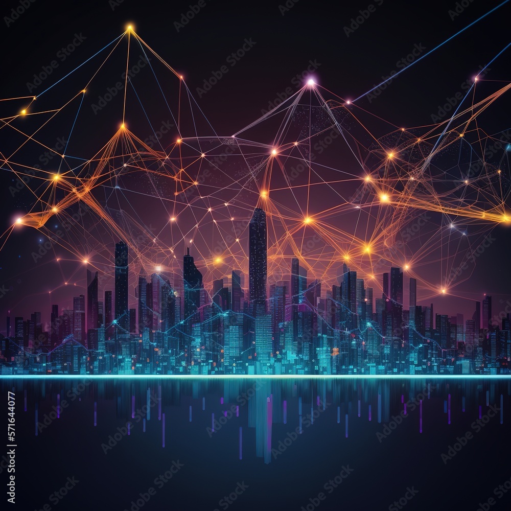Abstract dot points and smart cities connect with the aesthetic and gradient line Complex wave line design and the idea of a big data connection, generative ai