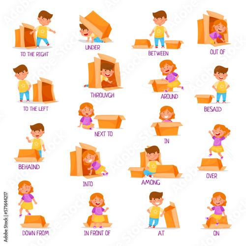 Little Boy and Girl with Carton Box as Prepositions of Place Demonstration Big Vector Set