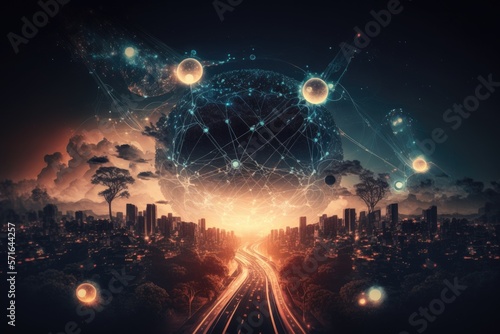 Smart cities, the internet of things, and big data technology are related concepts. Atoms are connected by neural networks, which also obscure the backdrop of city traffic. flare like lighting effect
