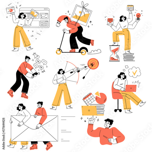 Productivity with Man and Woman Managing Tasks Vector Set