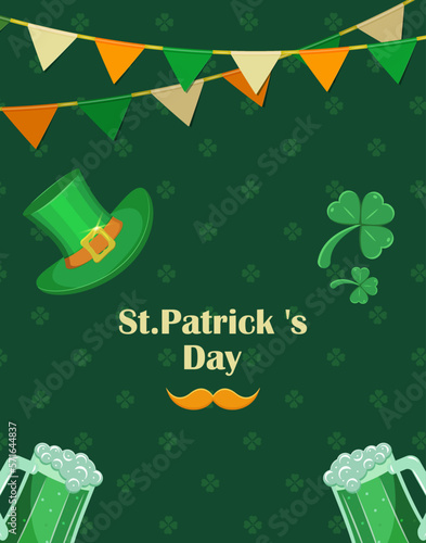St. patrick day poster. Flyer in green with shamrockpatrick, lipricon hat and red mustache. Irish national holiday congratulations.