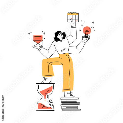 Productivity with Woman Character with Calendar and Lightbulb Managing Task Vector Illustration