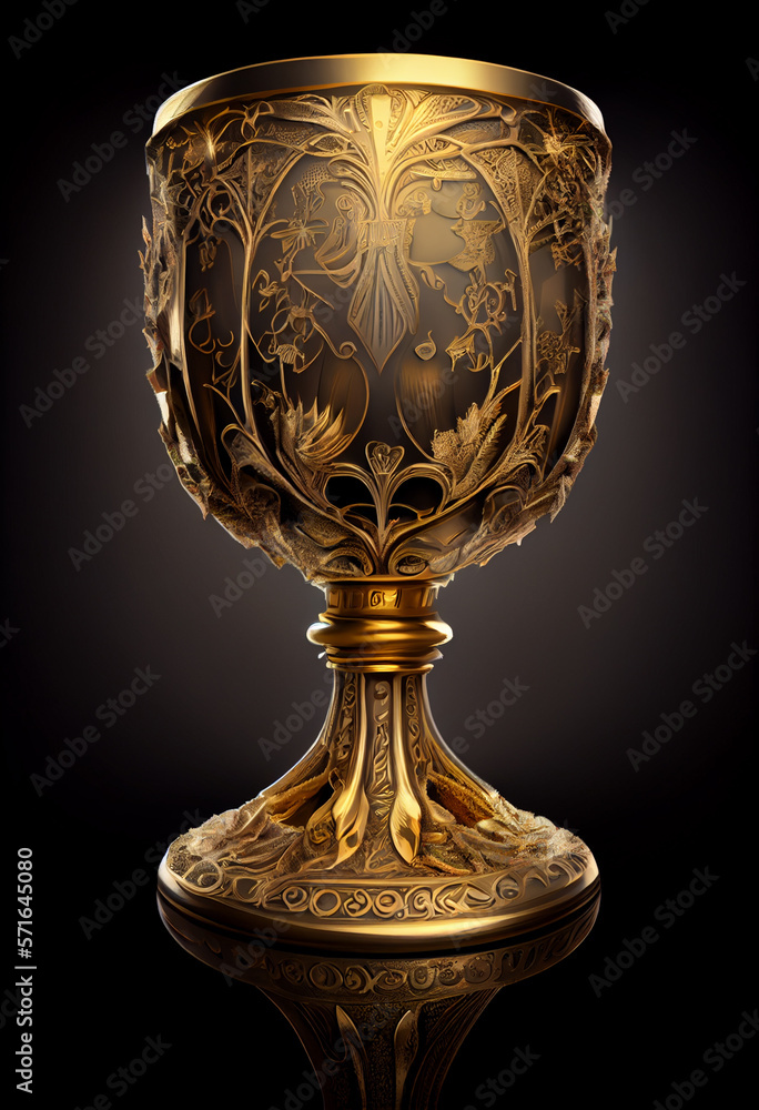 The Golden Holy Grail on black background. Created with Generative AI technology. The Golden Holy Grail on black background. Created with Generative AI technology.