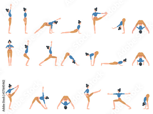 A set of twenty different yoga poses, a woman in blue-orange clothes. Can be used for posters, banners, postcards.