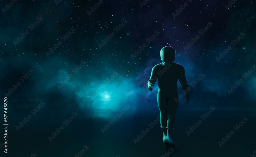 Astronaut walking on dark landscape with haze, nebula and stars. Fantasy digital painted background, 3D rendering