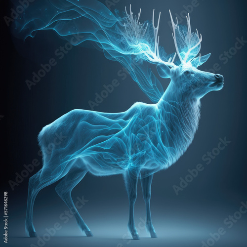 epic majestic deer, surrounded by a glowing aura that gives it a ghostly appearance. The deer appears to be a patronus or spirit animal, radiating strength and grace. Ai generative