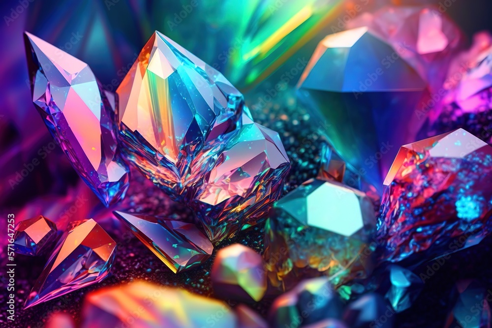 Abstract colorful Crystals design background. Polygonal iridescent shapes for poster design. Generative AI Abstract colorful Crystals design background. Polygonal iridescent shapes for poster design. Generative AI