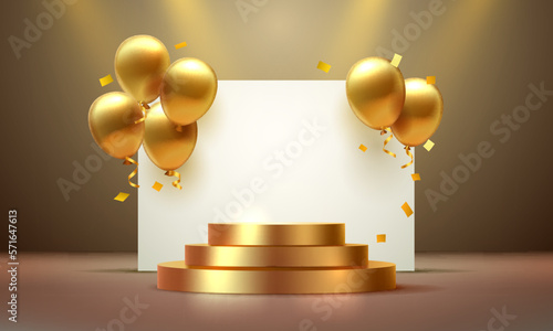 balloon golden podium present, celebrate happy birthday, gold platform banner. Vector