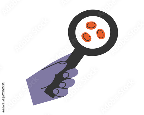 Hand drawn cute illustration of hand with magnifying glass looking at blood test. Flat vector blood analysis research in simple colored doodle style. Medicine, lab sticker, icon or print. Isolated.