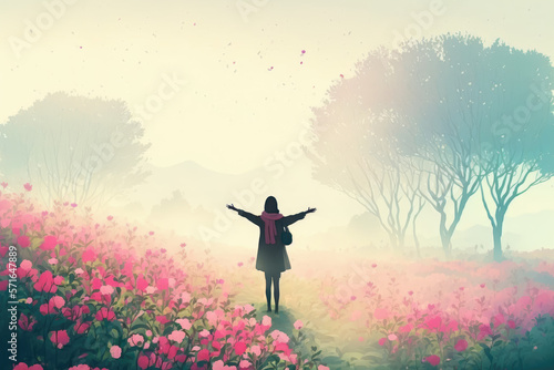 young woman in a field with pink flowers in fog. Generative AI