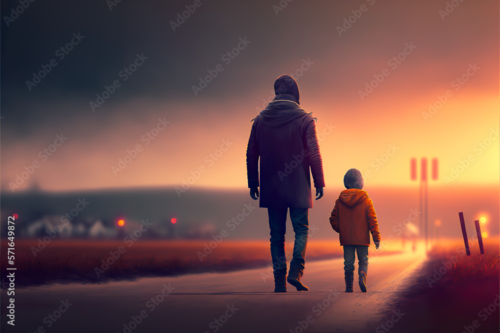 Father taking a walk with his boy in the sunset
