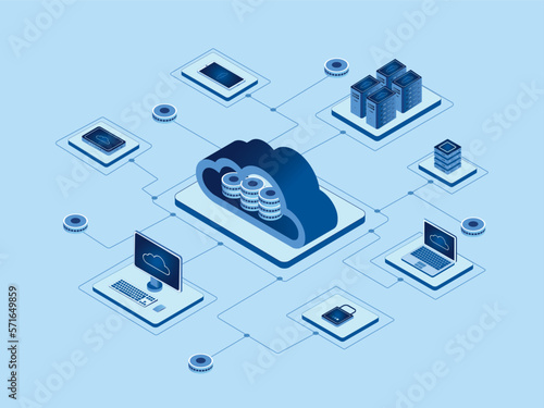 Cloud computing service isometric technology and networking vector illustration. Isometric illustration network with computer, laptop, tablet, router, lock and smartphone.
