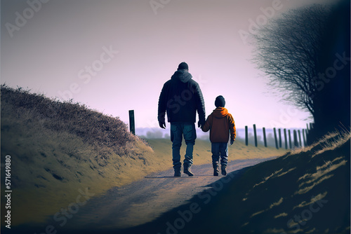 Father taking a walk with his boy in the coast