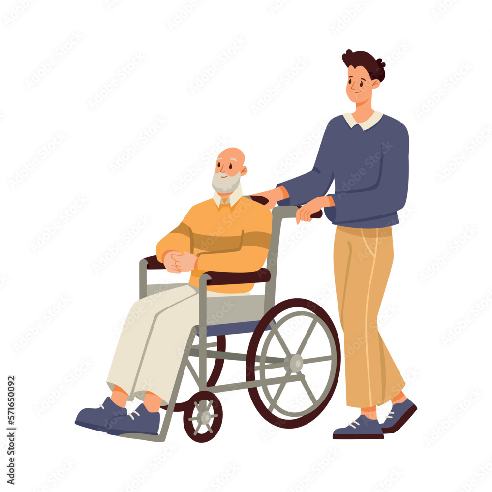 Man Volunteer Caring of Elderly Person on Retirement Pushing Wheelchair Vector Illustration Man Volunteer Caring of Elderly Person on Retirement Pushing Wheelchair Vector Illustration