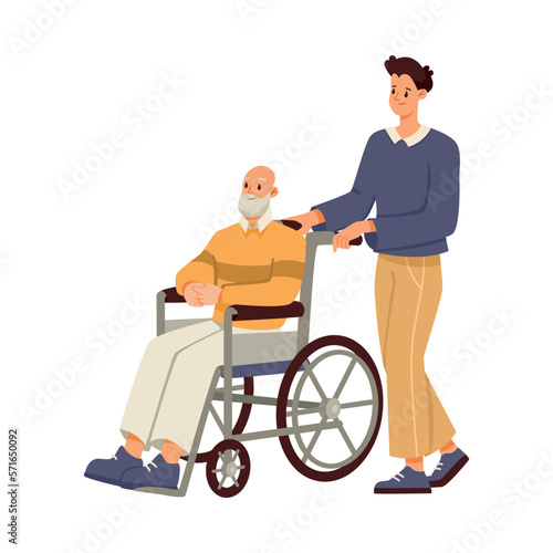 Man Volunteer Caring of Elderly Person on Retirement Pushing Wheelchair Vector Illustration © Happypictures