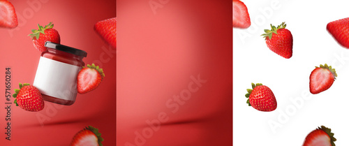 Jar jam display sweet product red background strawberry png fruits mockup photo