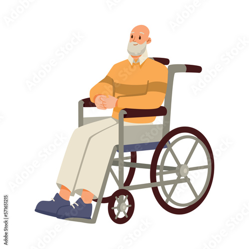 Happy Aged Gray-haired Man on Retirement Sitting in Wheelchair Vector Illustration