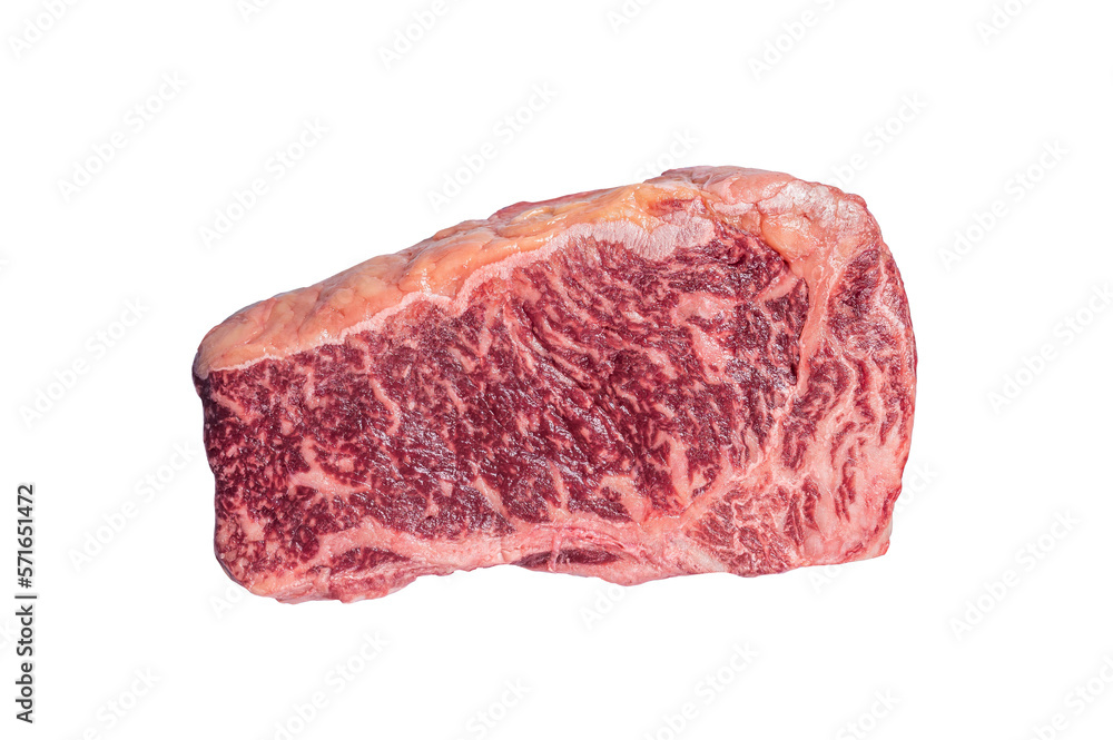 Raw striploin or New york steak on a butcher table. Isolated, transparent background. 