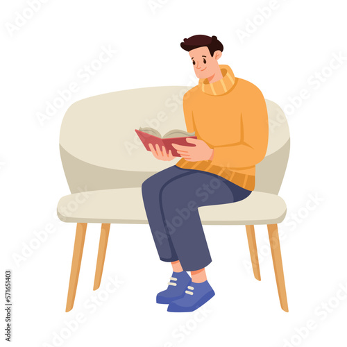 Young Man Sitting on Sofa Reading Book Spending His Time at Home Vector Illustration © Happypictures