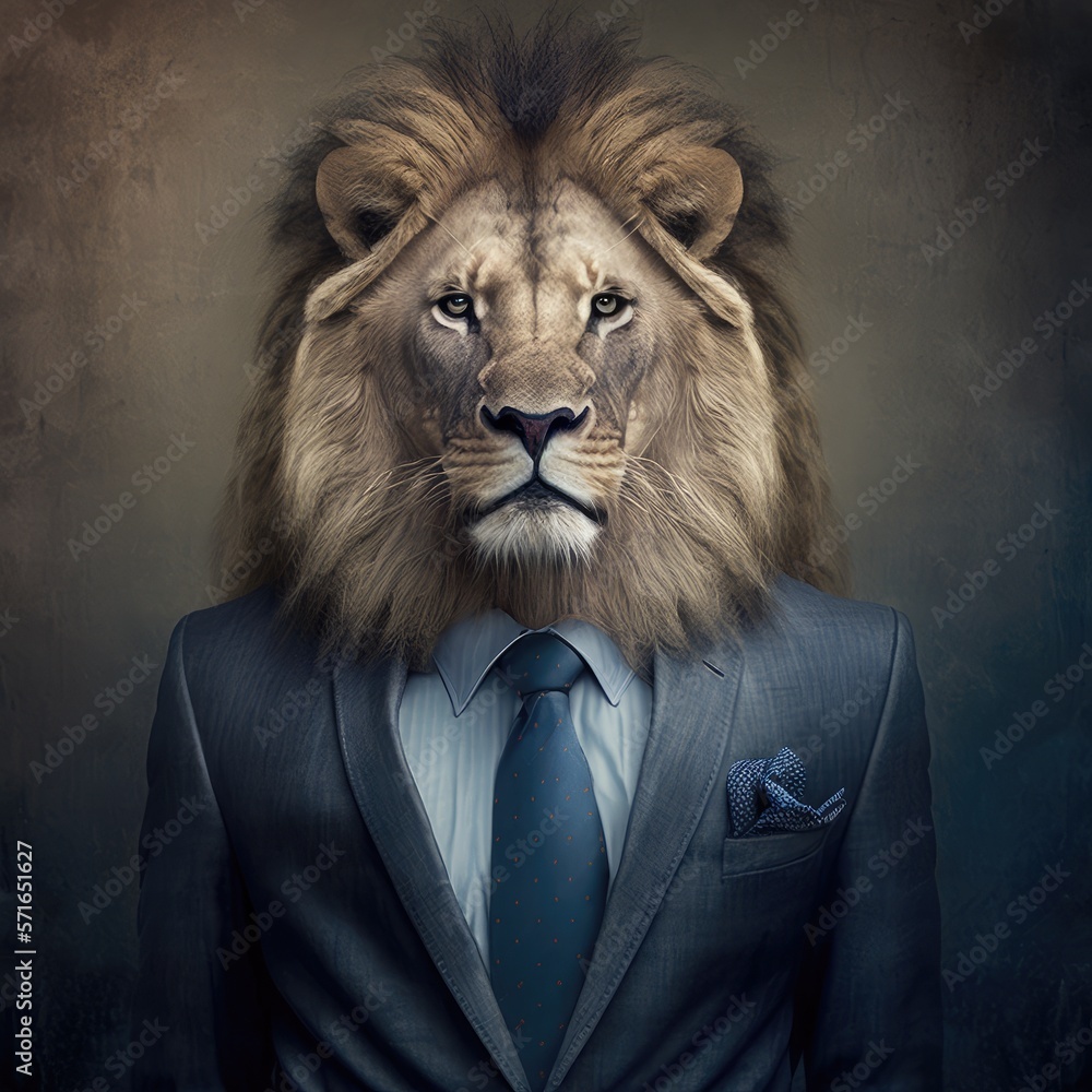 Portrait of a lion dressed in a formal business suit. Generative AI.