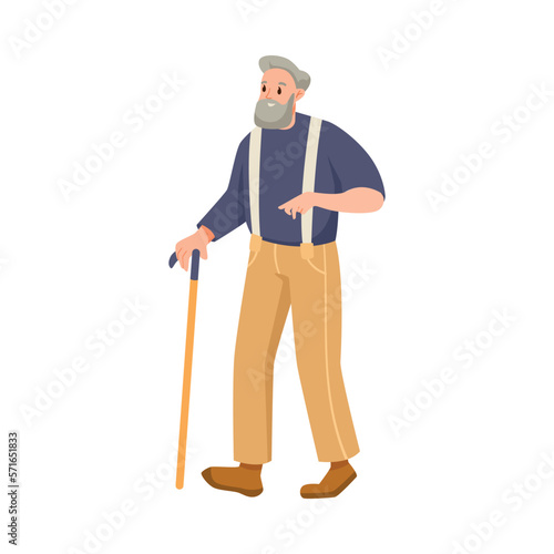 Happy Aged Gray-haired Man on Retirement Walking with Cane Vector Illustration