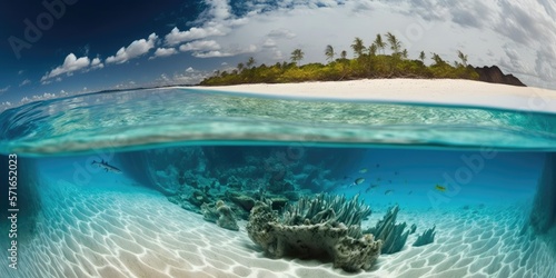 Hawaii's tropical transparent ocean, white sand, and underwater water reflection. Generative AI