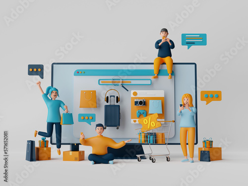 Online shopping concept, Consumer choose and buy items on Ecommerce marketplace on computer screen, 3d illustration photo