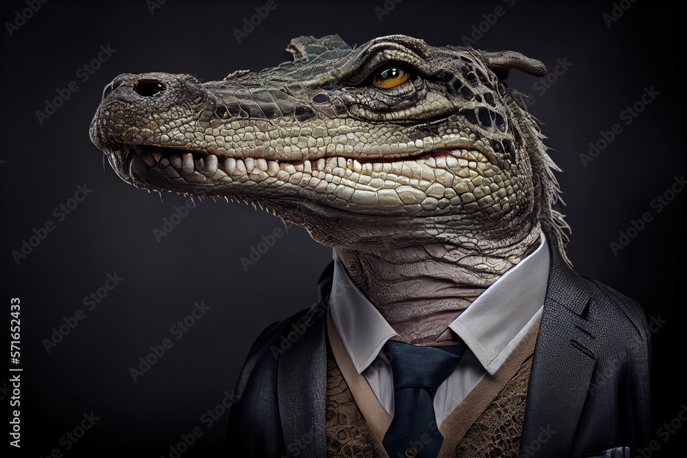 Portrait of a crocodile dressed in a formal business suit. Generative AI. Portrait of a crocodile dressed in a formal business suit. Generative AI.