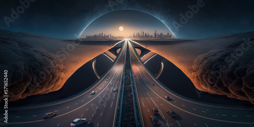 The concept of highways of the future in a fictional world. The aerial view of the traffic was made with the help of night AI of the future highway.