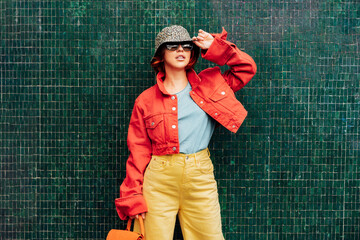 Hipster young woman in bright clothes, sun glasses, backpack bag and bucket hat posing on the green tile wall background. Urban city street fashion. Fashion blogger. Selective focus. Copy space
