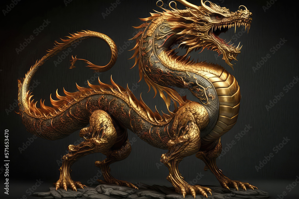 Fototapeta premium dragon gold carving on the dark background. (ai generated)