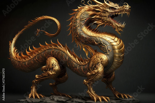 dragon gold carving on the dark background. (ai generated) © ImagineDesign