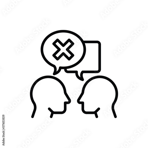 Misunderstanding in conversation between two persons. People are talking and in one speech bubble is cross mark. Conflict, disagreement. Modern vector illustration.