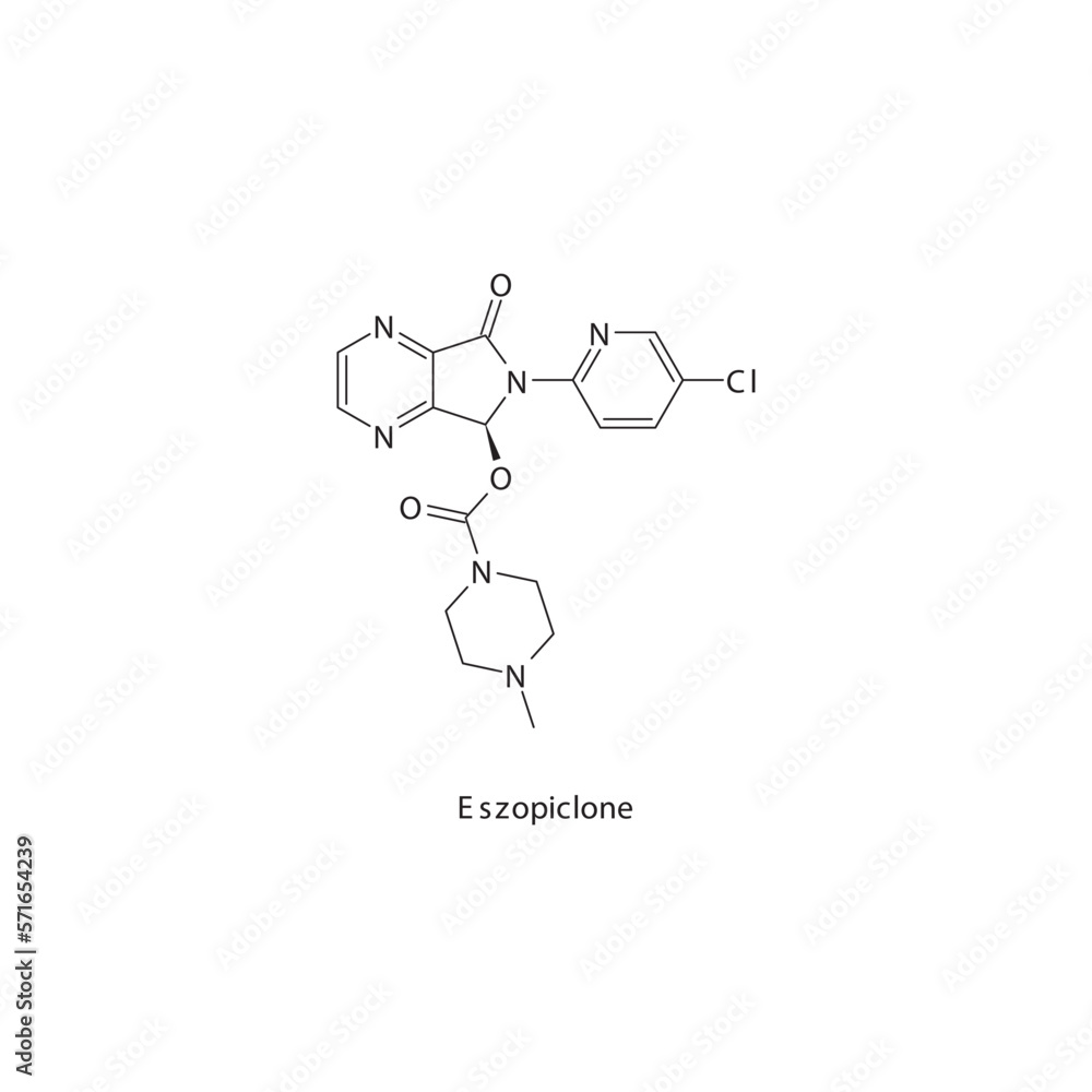 Eszopiclone flat skeletal molecular structure Z-drug (nonbenzodiazepine) drug used in insomnia treatment. Vector illustration.