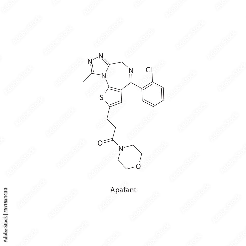 Apafant flat skeletal molecular structure Benzodiazepine drug used in PAF inhibitor, research, inflammatory response treatment. Vector illustration. Apafant flat skeletal molecular structure Benzodiazepine drug used in PAF inhibitor, research, inflammatory response treatment. Vector illustration.