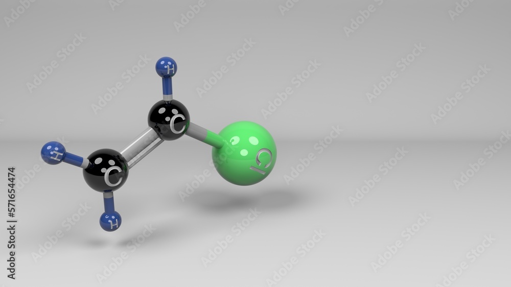 Vinyl chloride molecule. Molecular structure of chloroethylene, highly